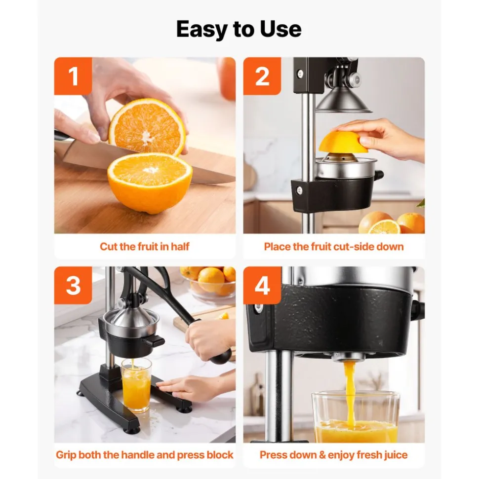 VEVOR Manual Citrus Juicer, 15" Tall Hand Press Oranges Juicer, Manual Fresh Juice Extractor for Lemon Pomegranate Grapefruit, Heavy-Duty Cast Iron, Easy to Clean, Home & Commercial Use, Black