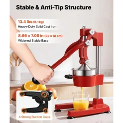 VEVOR Manual Citrus Juicer, 15" Tall Hand Press Orange Juicer, Manual Fresh Juice Extractor for Lemon Pomegranate Grapefruit, Heavy-Duty Cast Iron, Easy to Clean, Home & Commercial Use, Red