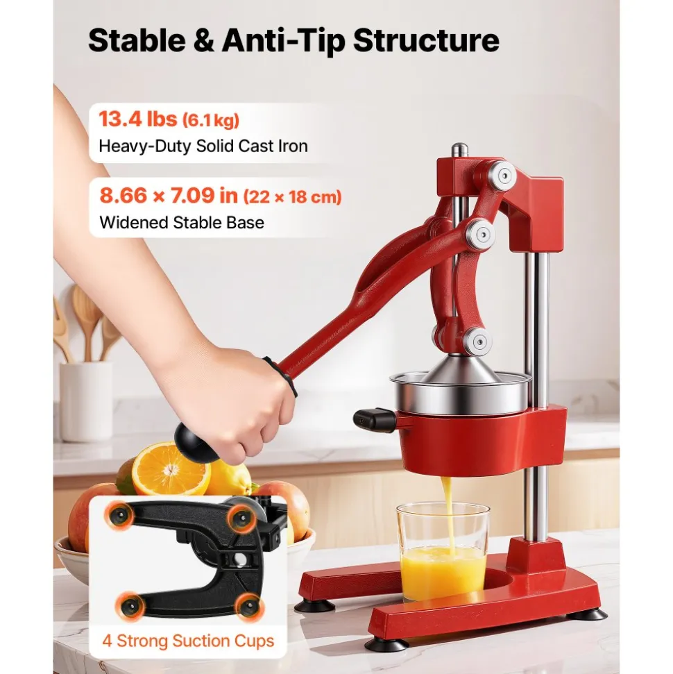 VEVOR Manual Citrus Juicer, 15" Tall Hand Press Orange Juicer, Manual Fresh Juice Extractor for Lemon Pomegranate Grapefruit, Heavy-Duty Cast Iron, Easy to Clean, Home & Commercial Use, Red