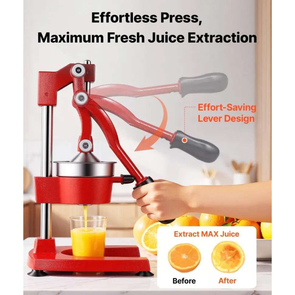 VEVOR Manual Citrus Juicer, 15" Tall Hand Press Orange Juicer, Manual Fresh Juice Extractor for Lemon Pomegranate Grapefruit, Heavy-Duty Cast Iron, Easy to Clean, Home & Commercial Use, Red