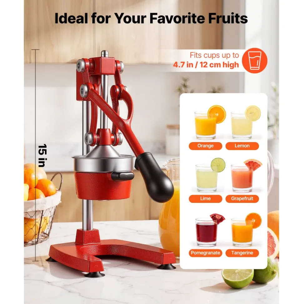 VEVOR Manual Citrus Juicer, 15" Tall Hand Press Orange Juicer, Manual Fresh Juice Extractor for Lemon Pomegranate Grapefruit, Heavy-Duty Cast Iron, Easy to Clean, Home & Commercial Use, Red