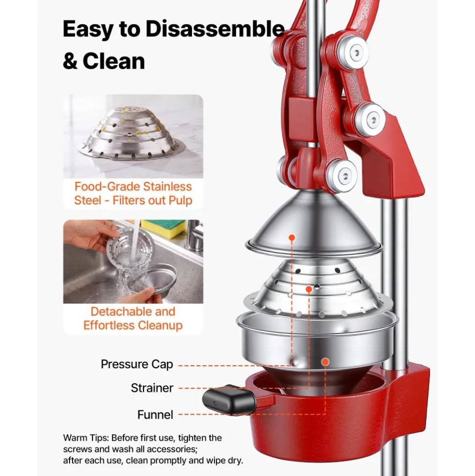 VEVOR Manual Citrus Juicer, 15" Tall Hand Press Orange Juicer, Manual Fresh Juice Extractor for Lemon Pomegranate Grapefruit, Heavy-Duty Cast Iron, Easy to Clean, Home & Commercial Use, Red
