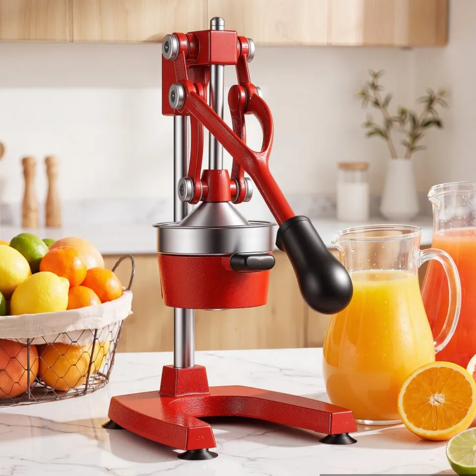 VEVOR Manual Citrus Juicer, 15" Tall Hand Press Orange Juicer, Manual Fresh Juice Extractor for Lemon Pomegranate Grapefruit, Heavy-Duty Cast Iron, Easy to Clean, Home & Commercial Use, Red