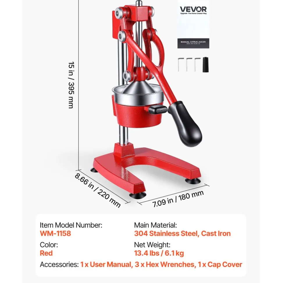 VEVOR Manual Citrus Juicer, 15" Tall Hand Press Orange Juicer, Manual Fresh Juice Extractor for Lemon Pomegranate Grapefruit, Heavy-Duty Cast Iron, Easy to Clean, Home & Commercial Use, Red