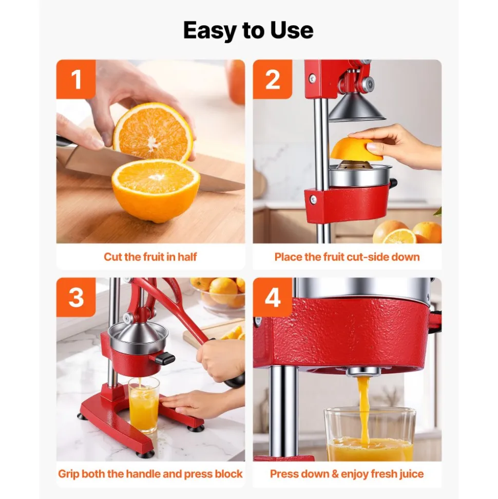 VEVOR Manual Citrus Juicer, 15" Tall Hand Press Orange Juicer, Manual Fresh Juice Extractor for Lemon Pomegranate Grapefruit, Heavy-Duty Cast Iron, Easy to Clean, Home & Commercial Use, Red