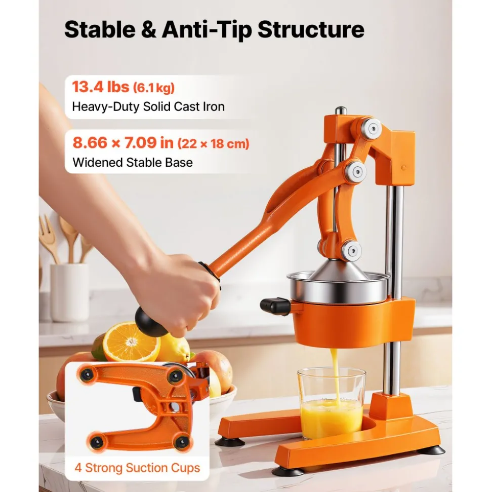 VEVOR Manual Citrus Juicer, 15" Tall Hand Press Orange Juicer, Manual Fresh Juice Extractor for Lemon Pomegranate Grapefruit, Heavy-Duty Cast Iron, Easy to Clean, Home & Commercial Use, Orange
