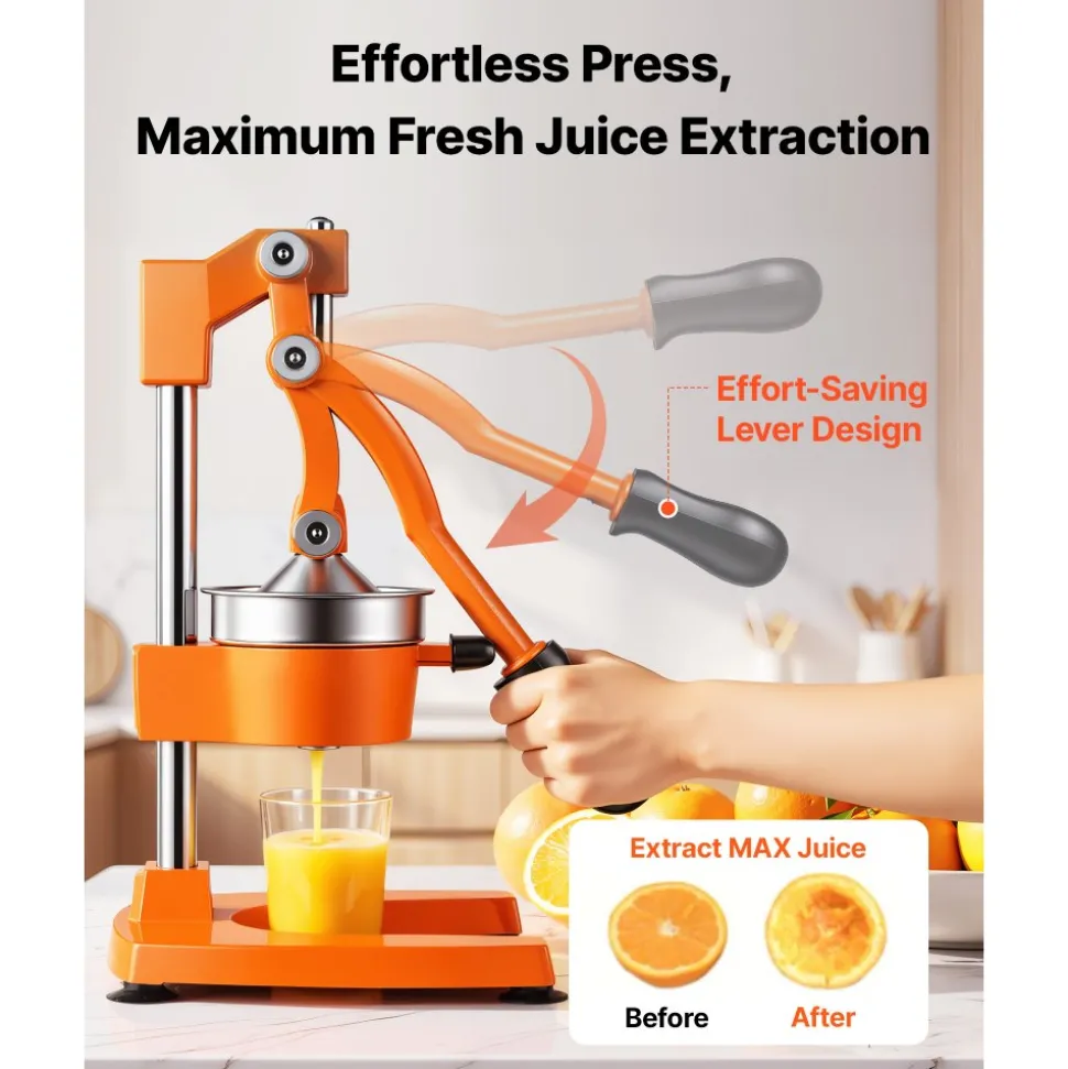 VEVOR Manual Citrus Juicer, 15" Tall Hand Press Orange Juicer, Manual Fresh Juice Extractor for Lemon Pomegranate Grapefruit, Heavy-Duty Cast Iron, Easy to Clean, Home & Commercial Use, Orange