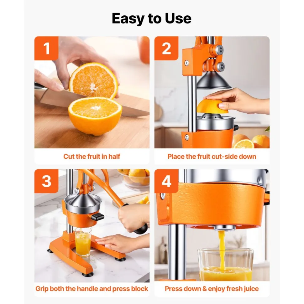 VEVOR Manual Citrus Juicer, 15" Tall Hand Press Orange Juicer, Manual Fresh Juice Extractor for Lemon Pomegranate Grapefruit, Heavy-Duty Cast Iron, Easy to Clean, Home & Commercial Use, Orange