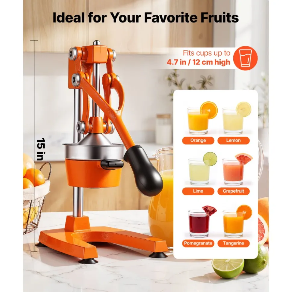 VEVOR Manual Citrus Juicer, 15" Tall Hand Press Orange Juicer, Manual Fresh Juice Extractor for Lemon Pomegranate Grapefruit, Heavy-Duty Cast Iron, Easy to Clean, Home & Commercial Use, Orange
