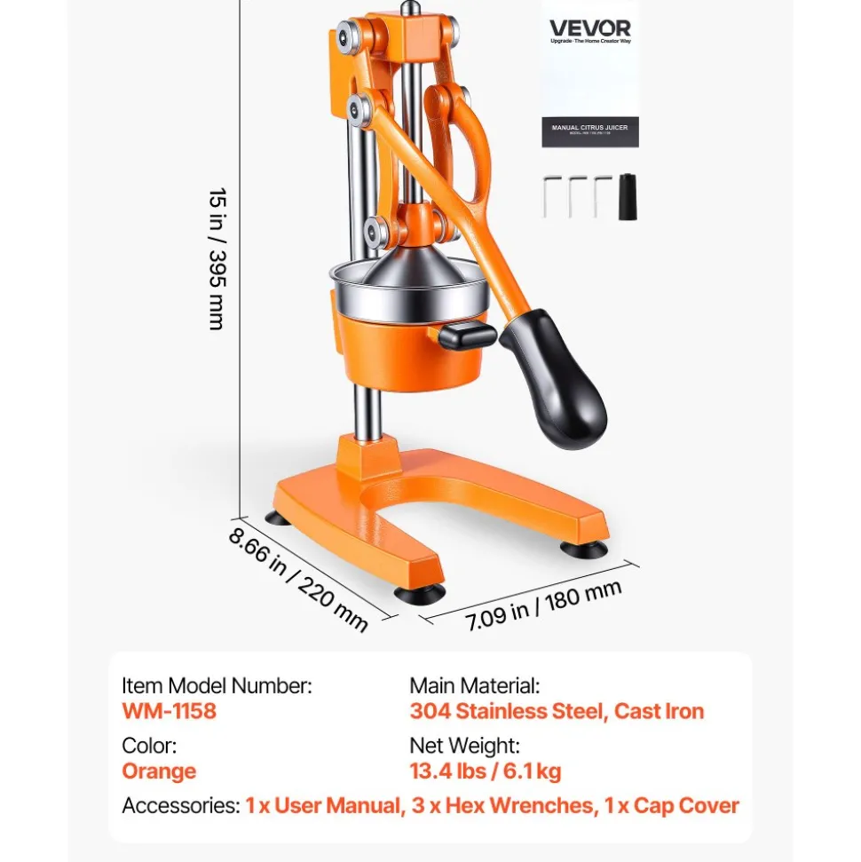 VEVOR Manual Citrus Juicer, 15" Tall Hand Press Orange Juicer, Manual Fresh Juice Extractor for Lemon Pomegranate Grapefruit, Heavy-Duty Cast Iron, Easy to Clean, Home & Commercial Use, Orange