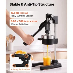 VEVOR Manual Citrus Juicer, 19" Tall Hand Press Oranges Juicer, Manual Fresh Juice Extractor for Lemon Pomegranate Grapefruit, Heavy-Duty Cast Iron, Easy to Clean, Home & Commercial Use, Black