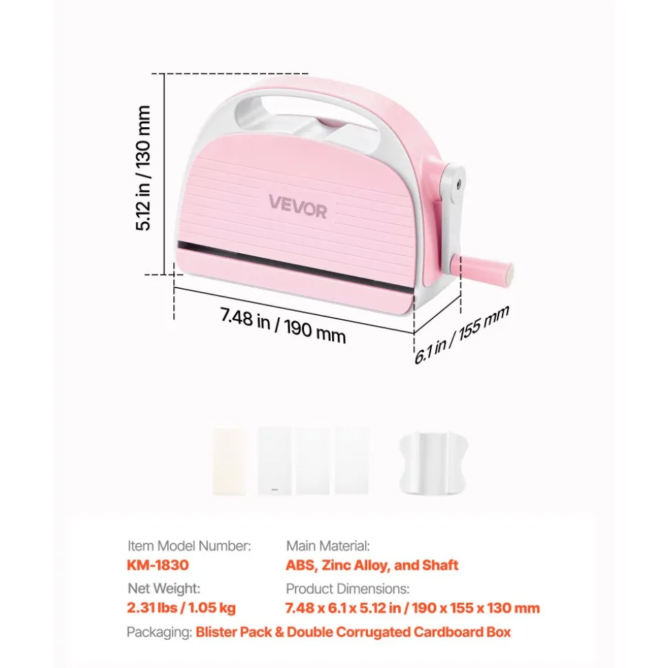 VEVOR Manual Die Cutting and Embossing Machine, 3" Opening, Portable Die Cut Machine with Cutting Plates, Ergonomic Handle, Easy to Store, for Arts and Crafts, Scrapbooking, Card Making, Crafting