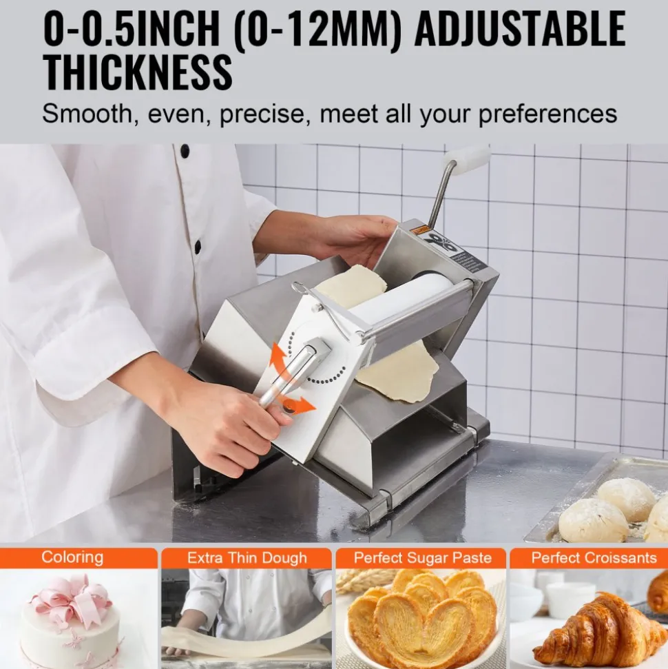VEVOR Manual Dough Sheeter Machine, Puff Pastry Sheeter and Fondant Roller, Removable Handle, Panel, Roller for Easy Cleaning, Max 1/2 inch Adjustable Thickness, for Home or Small Commercial Kitchens