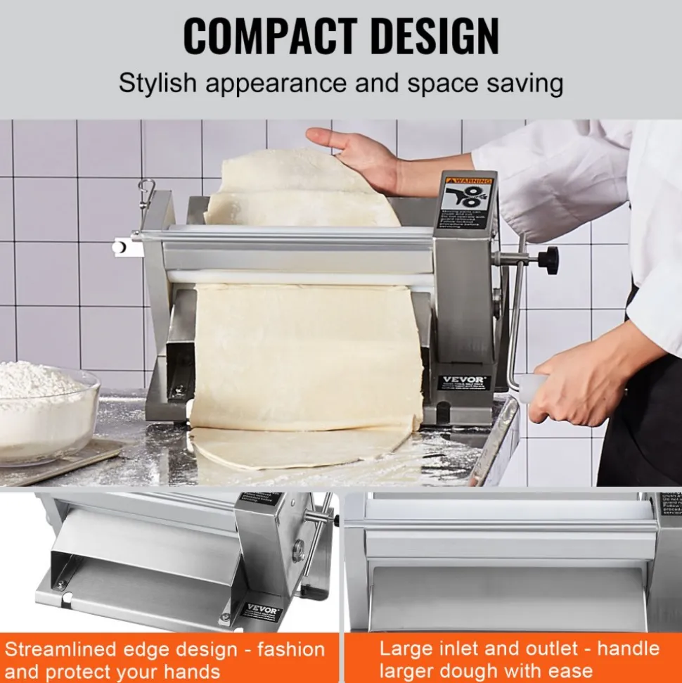 VEVOR Manual Dough Sheeter Machine, Puff Pastry Sheeter and Fondant Roller, Removable Handle, Panel, Roller for Easy Cleaning, Max 1/2 inch Adjustable Thickness, for Home or Small Commercial Kitchens