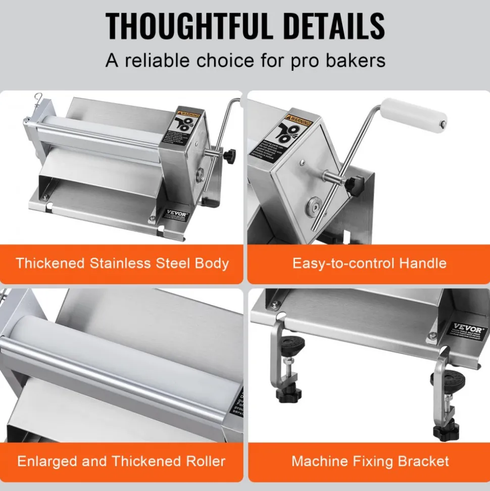 VEVOR Manual Dough Sheeter Machine, Puff Pastry Sheeter and Fondant Roller, Removable Handle, Panel, Roller for Easy Cleaning, Max 1/2 inch Adjustable Thickness, for Home or Small Commercial Kitchens