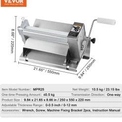 VEVOR Manual Dough Sheeter Machine, Puff Pastry Sheeter and Fondant Roller, Removable Handle, Panel, Roller for Easy Cleaning, Max 1/2 inch Adjustable Thickness, for Home or Small Commercial Kitchens