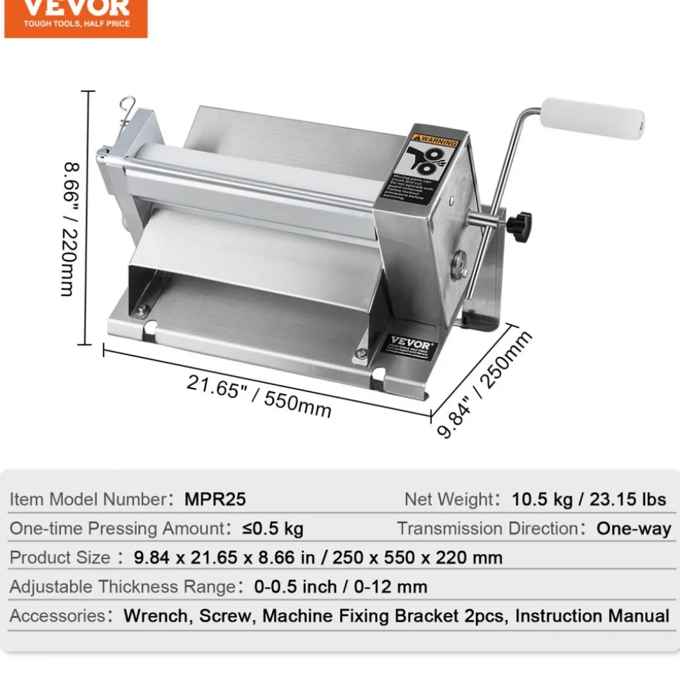 VEVOR Manual Dough Sheeter Machine, Puff Pastry Sheeter and Fondant Roller, Removable Handle, Panel, Roller for Easy Cleaning, Max 1/2 inch Adjustable Thickness, for Home or Small Commercial Kitchens