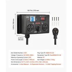VEVOR Manual EV Charging Switch, NEMA 10-30, Splitter Switch for Dryer & EV, 24A Max 240V Manual Power Distribution with Circuit Breaker, Real-Time Display, Hand-Operated Selector, Plug and Play, ETL