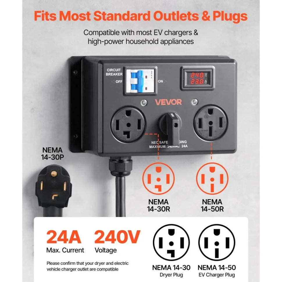 VEVOR Manual EV Charging Switch, NEMA 14-30P to 14-30R & 14-50R, Splitter Switch for Dryer & EV, 24A Max 240V Manual Power Distribution with Circuit Breaker, Hand-Operated Selector, Plug and Play, ETL