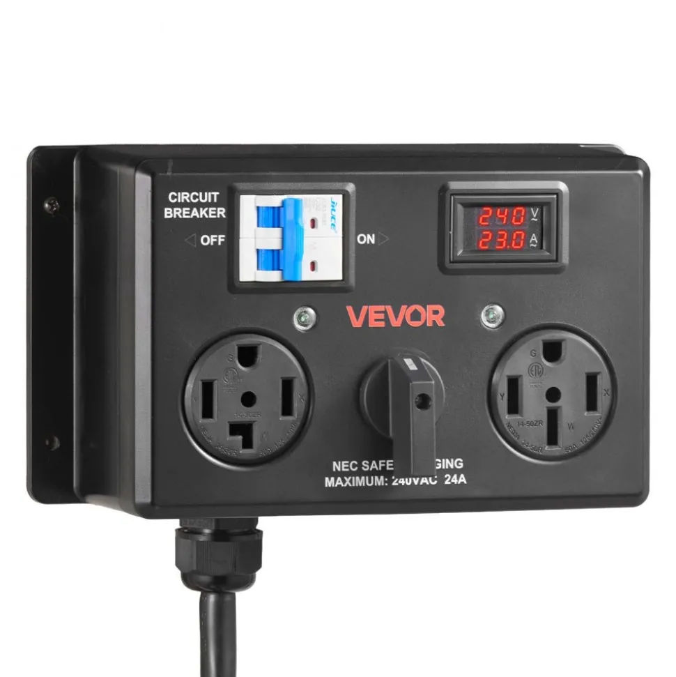 VEVOR Manual EV Charging Switch, NEMA 14-30P to 14-30R & 14-50R, Splitter Switch for Dryer & EV, 24A Max 240V Manual Power Distribution with Circuit Breaker, Hand-Operated Selector, Plug and Play, ETL