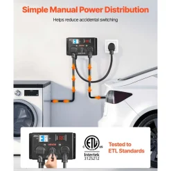 VEVOR Manual EV Charging Switch, NEMA 14-30P to 14-30R & 14-50R, Splitter Switch for Dryer & EV, 24A Max 240V Manual Power Distribution with Circuit Breaker, Hand-Operated Selector, Plug and Play, ETL