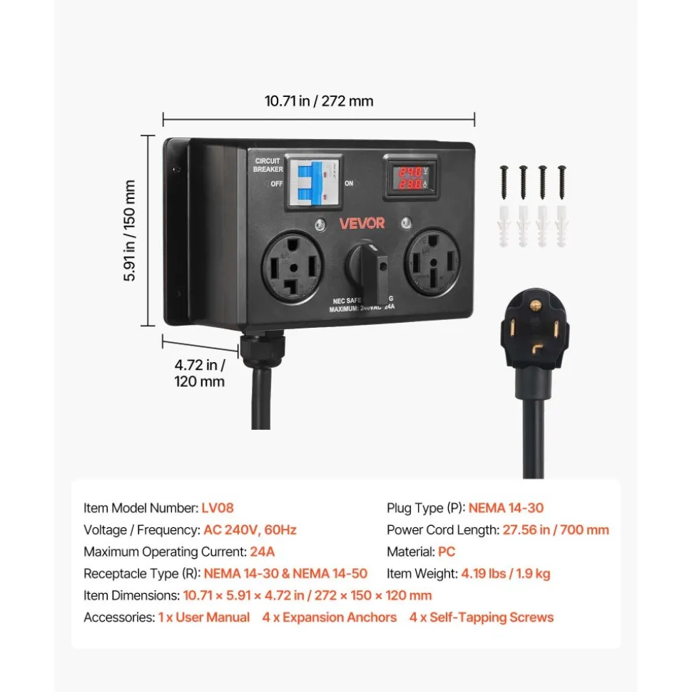 VEVOR Manual EV Charging Switch, NEMA 14-30P to 14-30R & 14-50R, Splitter Switch for Dryer & EV, 24A Max 240V Manual Power Distribution with Circuit Breaker, Hand-Operated Selector, Plug and Play, ETL