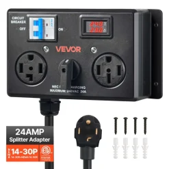 VEVOR Manual EV Charging Switch, NEMA 14-30P to 14-30R & 14-50R, Splitter Switch for Dryer & EV, 24A Max 240V Manual Power Distribution with Circuit Breaker, Hand-Operated Selector, Plug and Play, ETL