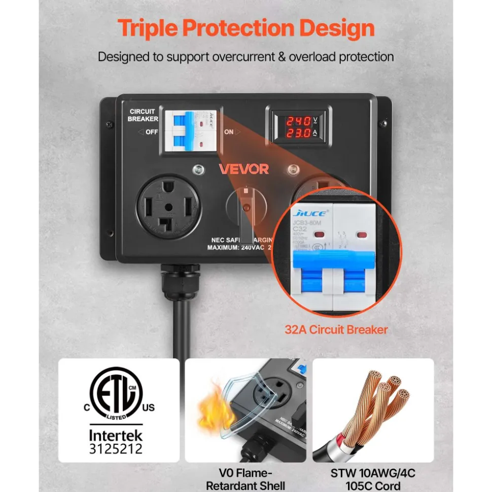 VEVOR Manual EV Charging Switch, NEMA 14-30P to 14-30R & 14-50R, Splitter Switch for Dryer & EV, 24A Max 240V Manual Power Distribution with Circuit Breaker, Hand-Operated Selector, Plug and Play, ETL