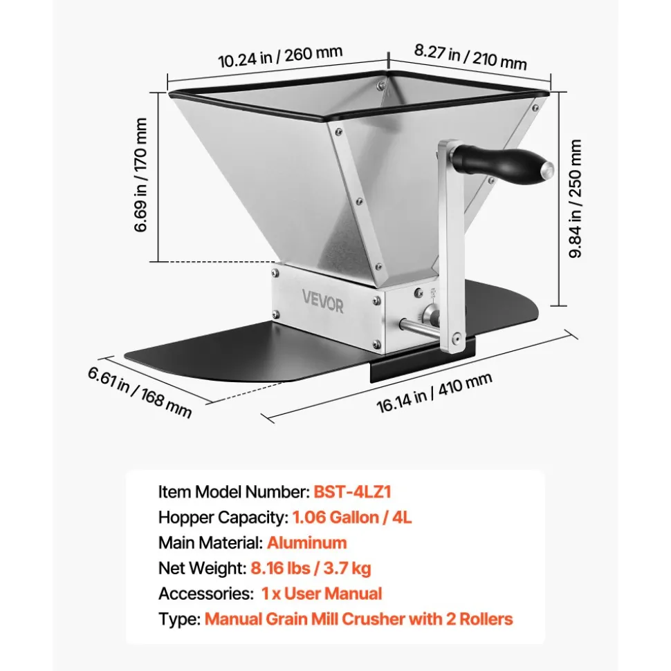 VEVOR Manual Grain Mill, Homebrew Malt Grinder, Adjustable Barley Mill Crusher for Wheat Beer Brewing - with 2 Stainless Steel Rollers, 1.06 Gallon Hopper & Metal Base Plate
