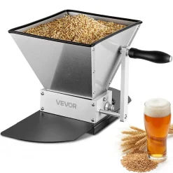 VEVOR Manual Grain Mill, Homebrew Malt Grinder, Adjustable Barley Mill Crusher for Wheat Beer Brewing - with 2 Stainless Steel Rollers, 1.06 Gallon Hopper & Metal Base Plate