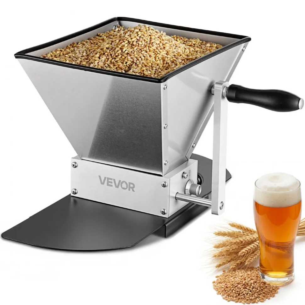 VEVOR Manual Grain Mill, Homebrew Malt Grinder, Adjustable Barley Mill Crusher for Wheat Beer Brewing - with 2 Stainless Steel Rollers, 1.06 Gallon Hopper & Metal Base Plate
