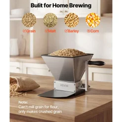 VEVOR Manual Grain Mill, Homebrew Malt Grinder, Adjustable Barley Mill Crusher for Wheat Beer Brewing - with 2 Stainless Steel Rollers, 1.06 Gallon Hopper & Metal Base Plate