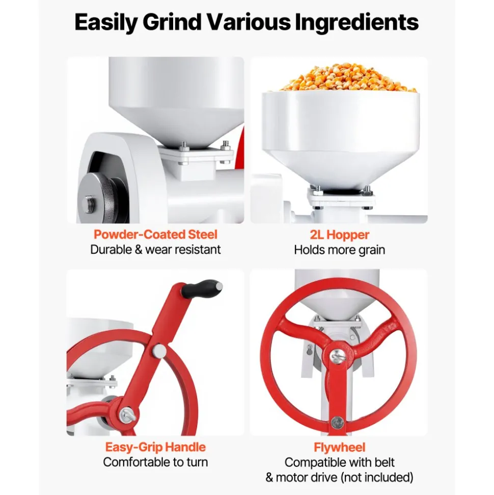VEVOR Manual Grain Mill with Flywheel, Hand-Crank Corn Grinder, Heavy-Duty Carbon Steel Wheat Grinding Mill with Adjustable Fineness & 0.53 Gallon Hopper for Grains Spices Coffee Beans Nuts