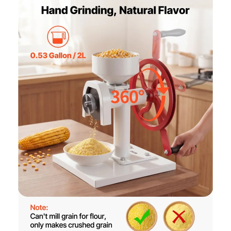 VEVOR Manual Grain Mill with Flywheel, Hand-Crank Corn Grinder, Heavy-Duty Carbon Steel Wheat Grinding Mill with Adjustable Fineness & 0.53 Gallon Hopper for Grains Spices Coffee Beans Nuts