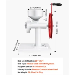 VEVOR Manual Grain Mill with Flywheel, Hand-Crank Corn Grinder, Heavy-Duty Carbon Steel Wheat Grinding Mill with Adjustable Fineness & 0.53 Gallon Hopper for Grains Spices Coffee Beans Nuts