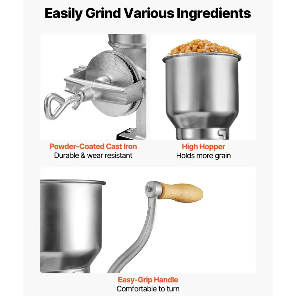 VEVOR Manual Grain Mill with High Hopper, Hand-Crank Corn Grinder, Heavy Duty Cast Iron Wheat Grinding Mill with Stable Table Clamp for Grains Spices Coffee Beans Nuts