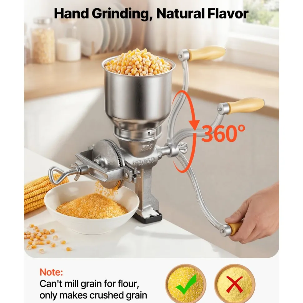 VEVOR Manual Grain Mill with High Hopper, Hand-Crank Corn Grinder, Heavy Duty Cast Iron Wheat Grinding Mill with Stable Table Clamp for Grains Spices Coffee Beans Nuts