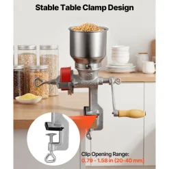 VEVOR Manual Grain Mill with High Hopper, Hand-Crank Corn Grinder, Heavy Duty Cast Iron Wheat Grinding Mill with Stable Table Clamp & Dust Cover for Grains Spices Coffee Beans Nuts