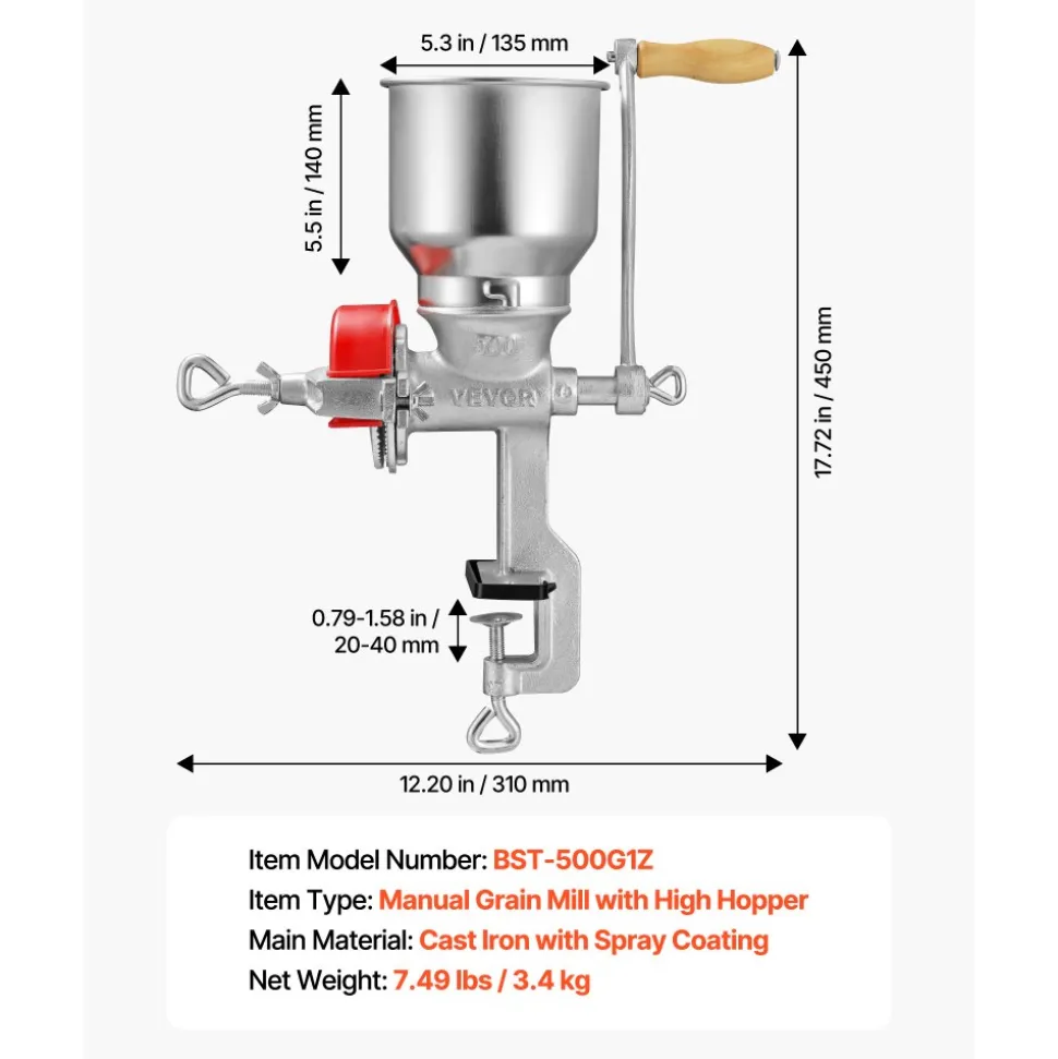VEVOR Manual Grain Mill with High Hopper, Hand-Crank Corn Grinder, Heavy Duty Cast Iron Wheat Grinding Mill with Stable Table Clamp & Dust Cover for Grains Spices Coffee Beans Nuts