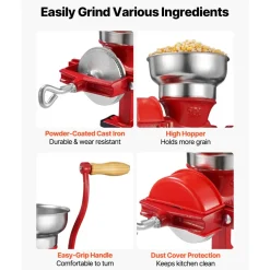 VEVOR Manual Grain Mill with Low Hopper, Hand-Crank Corn Grinder, Heavy Duty Cast Iron Wheat Grinding Mill with Stable Table Clamp & Dust Cover for Grains Spices Coffee Beans Nuts