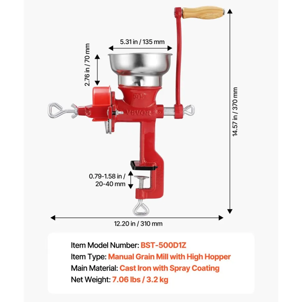 VEVOR Manual Grain Mill with Low Hopper, Hand-Crank Corn Grinder, Heavy Duty Cast Iron Wheat Grinding Mill with Stable Table Clamp & Dust Cover for Grains Spices Coffee Beans Nuts