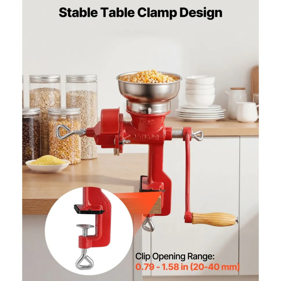 VEVOR Manual Grain Mill with Low Hopper, Hand-Crank Corn Grinder, Heavy Duty Cast Iron Wheat Grinding Mill with Stable Table Clamp & Dust Cover for Grains Spices Coffee Beans Nuts