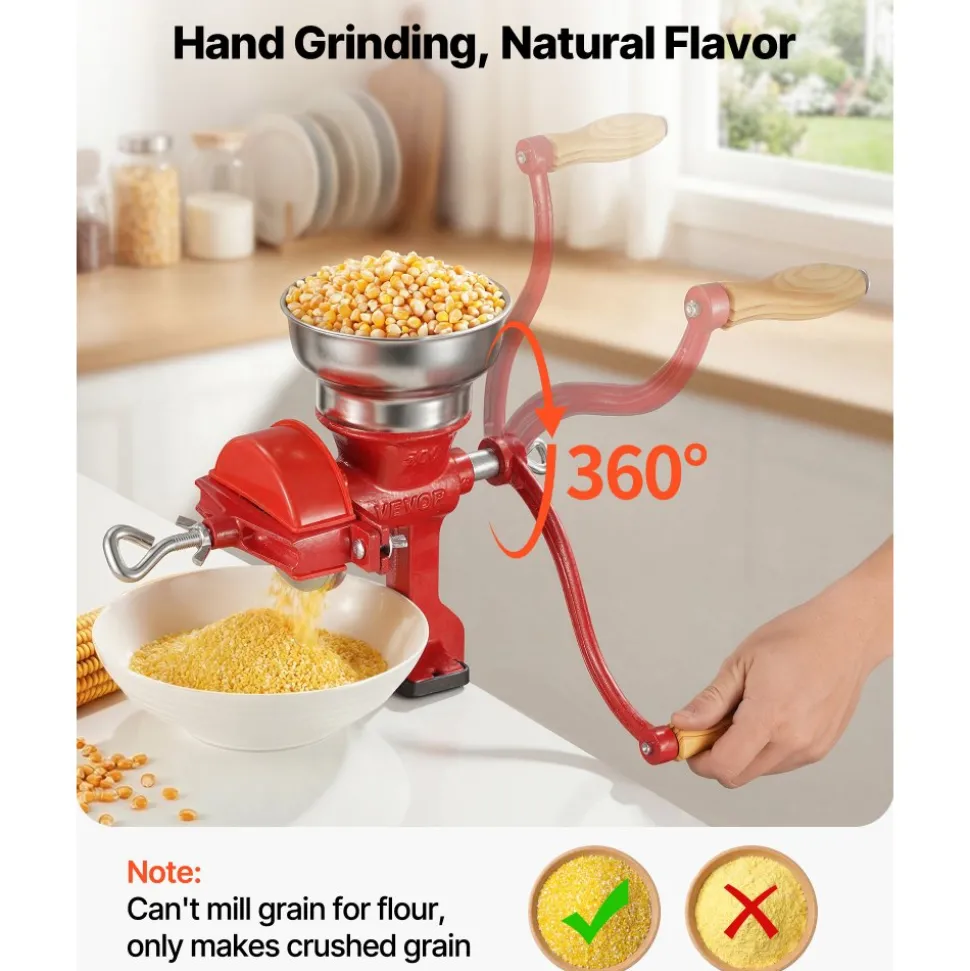 VEVOR Manual Grain Mill with Low Hopper, Hand-Crank Corn Grinder, Heavy Duty Cast Iron Wheat Grinding Mill with Stable Table Clamp & Dust Cover for Grains Spices Coffee Beans Nuts