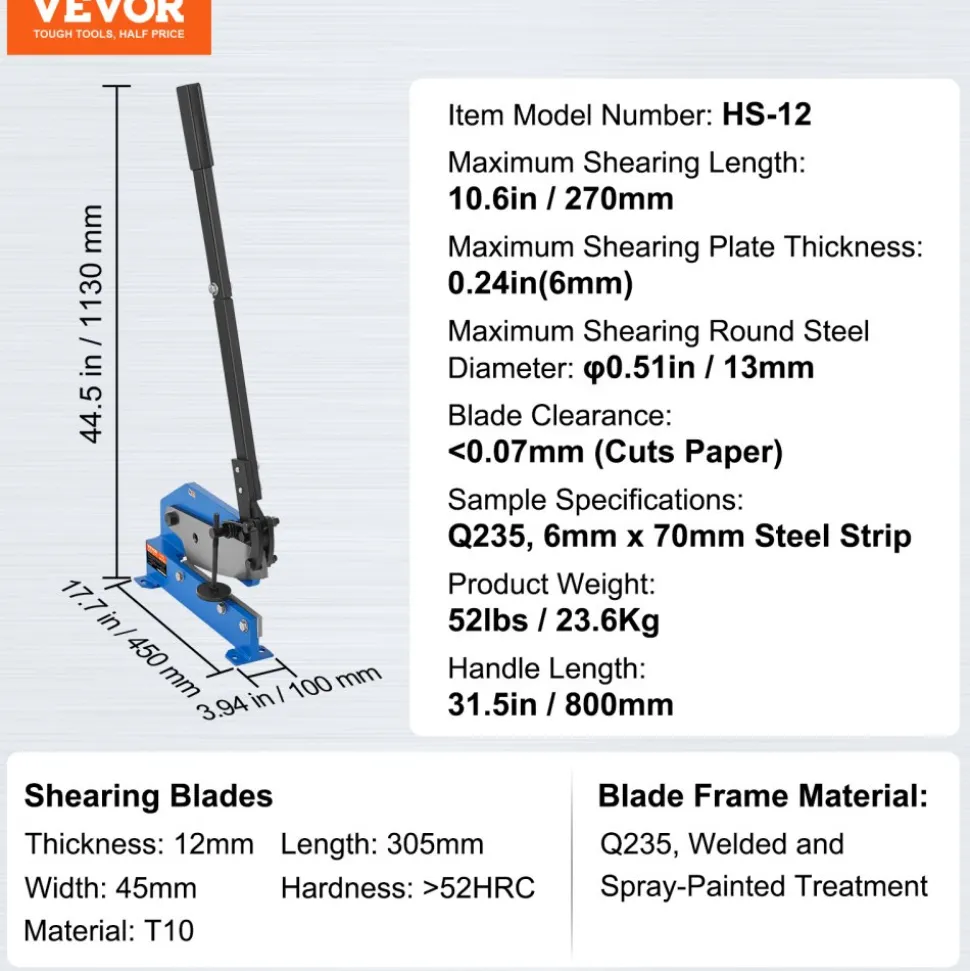 VEVOR 12" Manual Hand Plate Shear for Metal Sheet Processing, HS-12 Benchtop Cutter with Q235 Material, for Crafts Thick Steel Crafting, Heavy Duty Roll Press Machine for Builders, DIY Enthusiasts