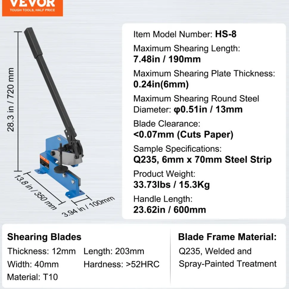 VEVOR 8" Manual Hand Plate Shear for Metal Sheet Processing, HS-8 Benchtop Cutter with Q235 Material, for Crafts Thick Steel Crafting, Heavy Duty Roll Press Machine for Builders, DIY Enthusiasts