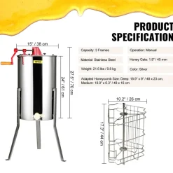 VEVOR Manual Honey Extractor, 3 Frames Honey Spinner Extractor, Stainless Steel Beekeeping Extraction, Honeycomb Drum Spinner with Lid, Apiary Centrifuge Equipment with Height Adjustable Stand