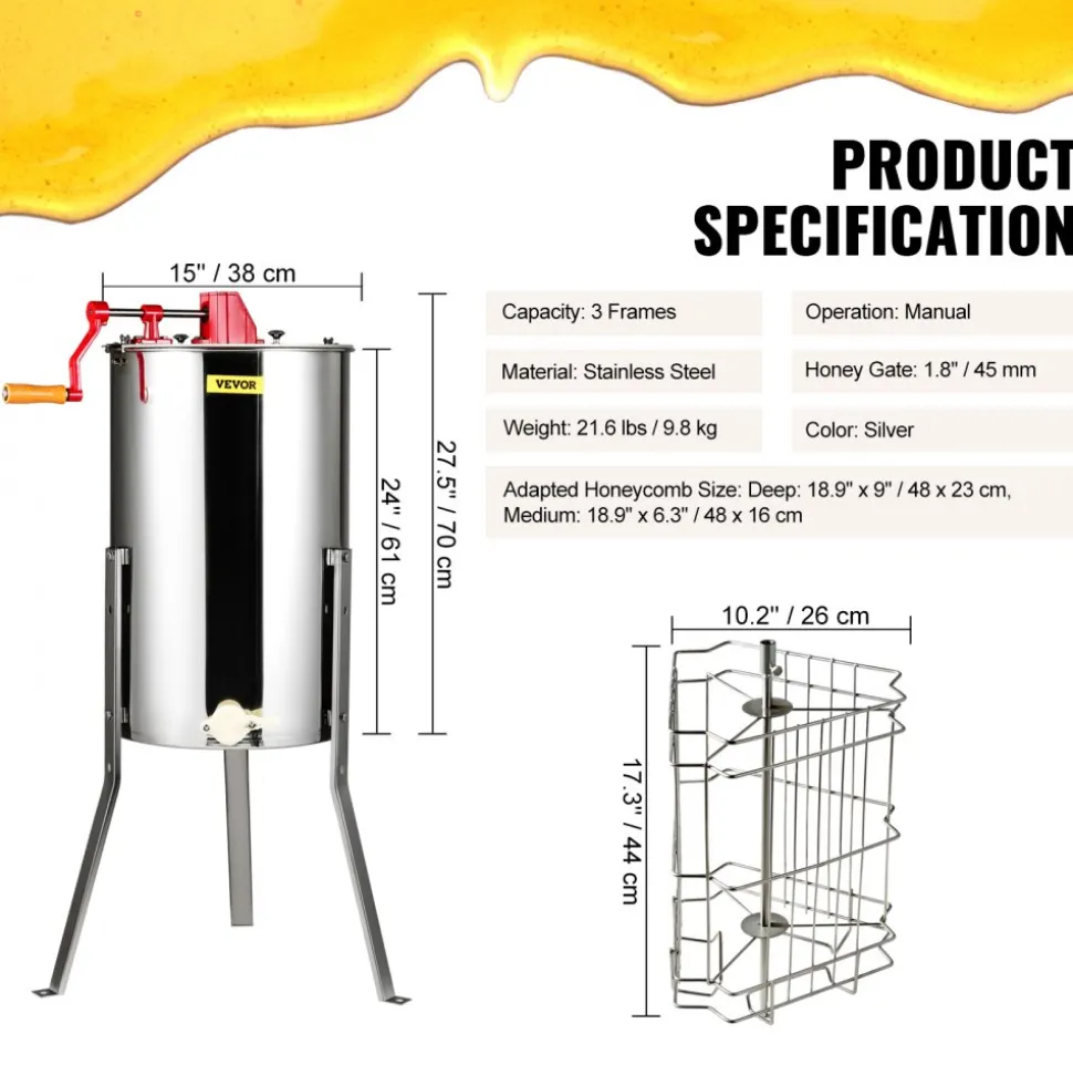 VEVOR Manual Honey Extractor, 3 Frames Honey Spinner Extractor, Stainless Steel Beekeeping Extraction, Honeycomb Drum Spinner with Lid, Apiary Centrifuge Equipment with Height Adjustable Stand