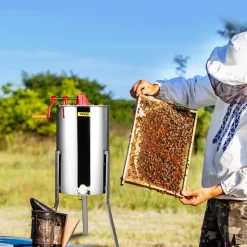 VEVOR Manual Honey Extractor, 2/4 Frames Honey Spinner Extractor, Stainless Steel Beekeeping Extraction, Honeycomb Drum Spinner with Lid, Apiary Centrifuge Equipment with Height Adjustable Stand