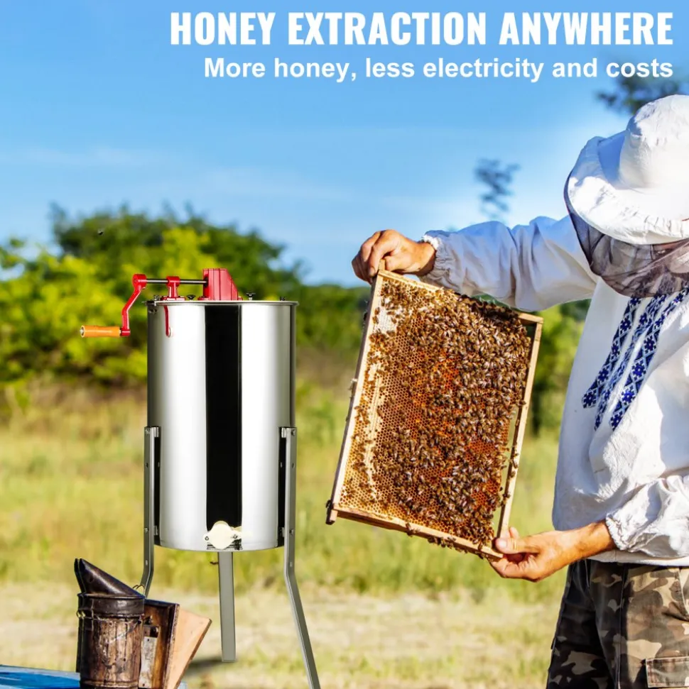 VEVOR Manual Honey Extractor, 2/4 Frames Honey Spinner Extractor, Stainless Steel Beekeeping Extraction, Honeycomb Drum Spinner with Lid, Apiary Centrifuge Equipment with Height Adjustable Stand