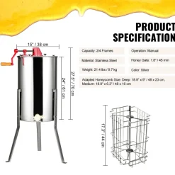 VEVOR Manual Honey Extractor, 2/4 Frames Honey Spinner Extractor, Stainless Steel Beekeeping Extraction, Honeycomb Drum Spinner with Lid, Apiary Centrifuge Equipment with Height Adjustable Stand